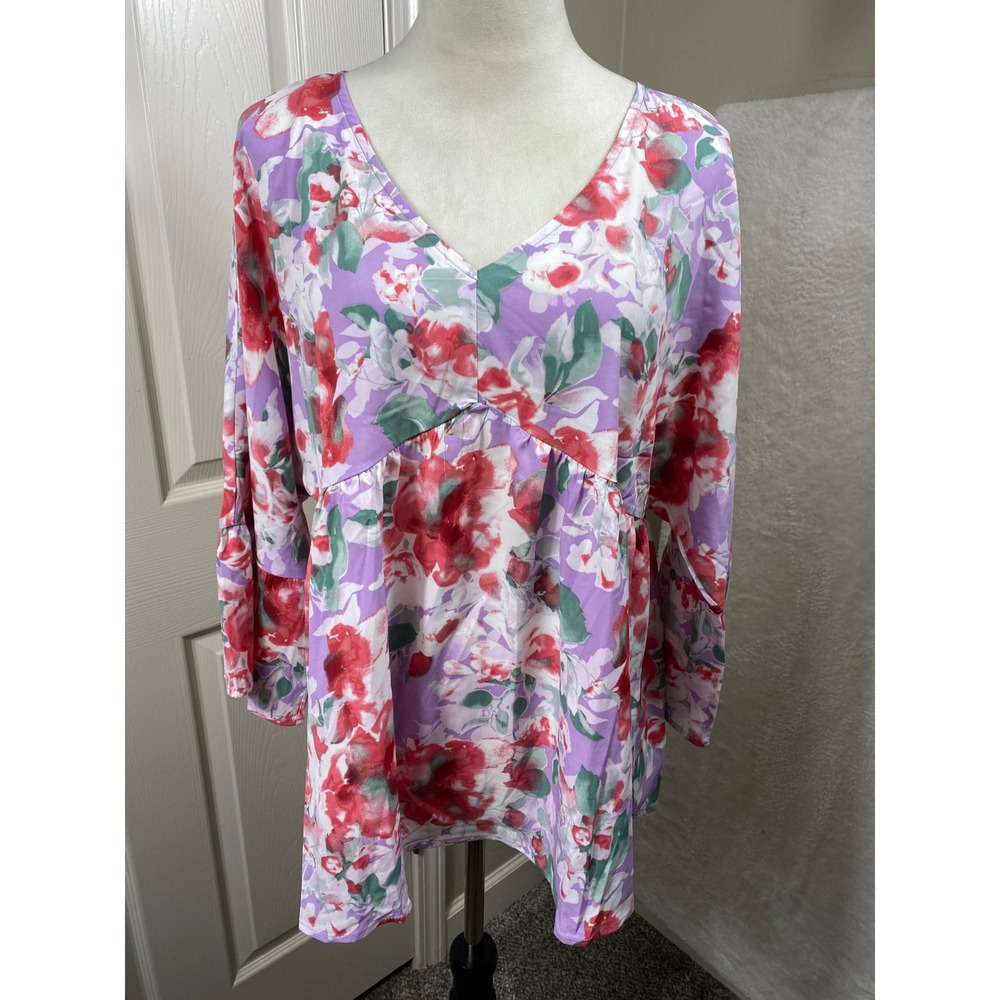Emily Wonder XL Floral Print Tunic Top V Neck Long Sleeve‎ Red Purple Boho